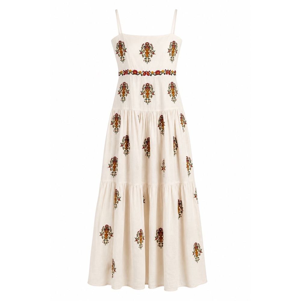 Agua by Agua Bendita Curandera Lima Remedios Linen Maxi Dress M Embroidered - Picture 6 of 11